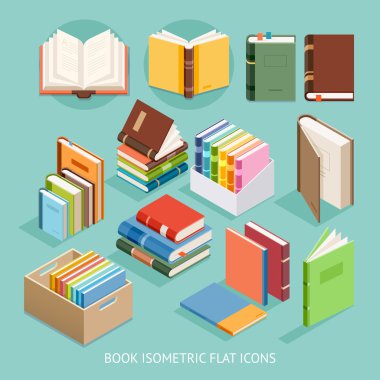 Kitap izometrik düz Icons set. Vektör çizim.