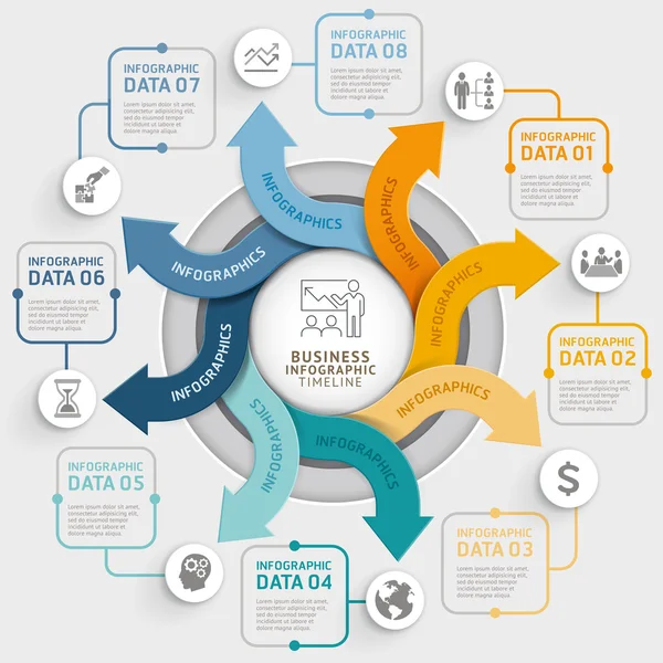 Modelo de infográficos círculo de seta de 8 passos. Ilustração vetorial . — Vetor de Stock