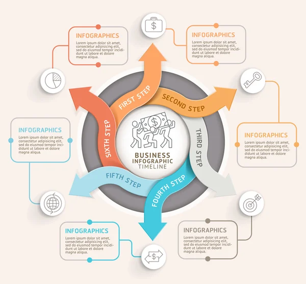 Modelo de infográficos de círculo de seta de 6 passos. Ilustração vetorial . — Vetor de Stock