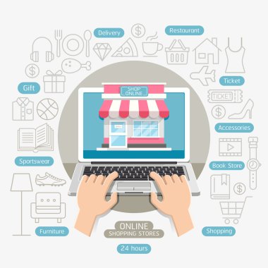 Alışveriş online iş kavramsal düz stil. Vektör illustrat