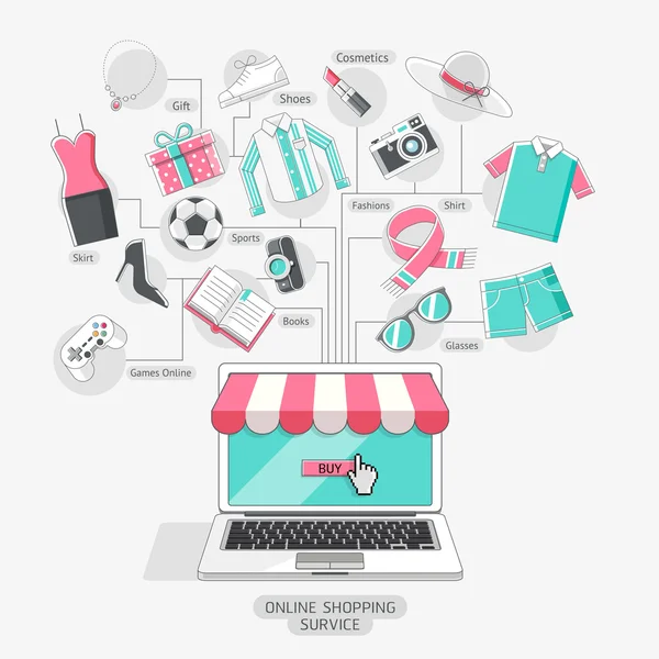 Shopping magasins ligne conceptuelle en ligne icônes style. Vecteur illus — Image vectorielle