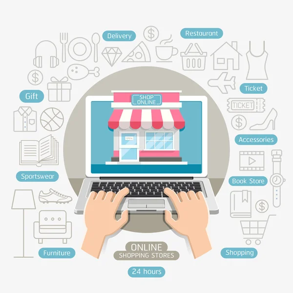 Alışveriş online iş kavramsal düz stil. Vektör illustrat