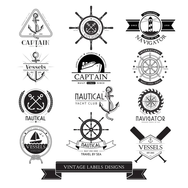 Nautische vaartuigen vintage labels, pictogrammen en ontwerpelementen. — Stockvector