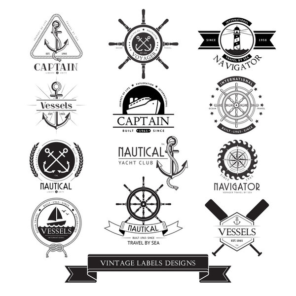 Nautical vessels vintage labels, icons and design elements.