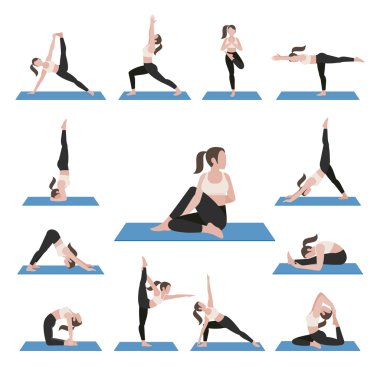 Yoga duruş egzersizleri kümesi. Vektör çizim.