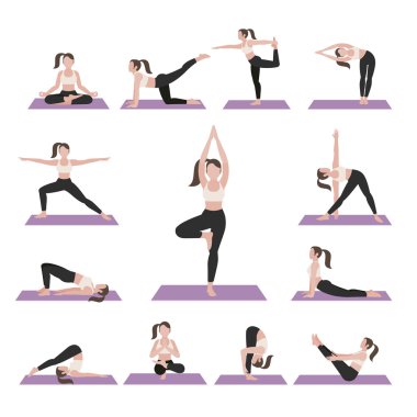 Yoga duruş egzersizleri kümesi. Vektör çizim.