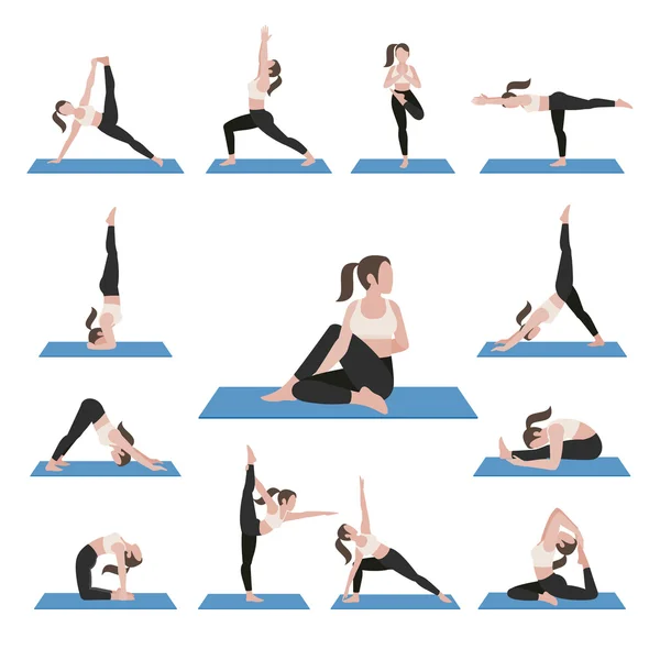 Conjunto de ejercicios de posturas de yoga. Ilustración vectorial . — Vector de stock