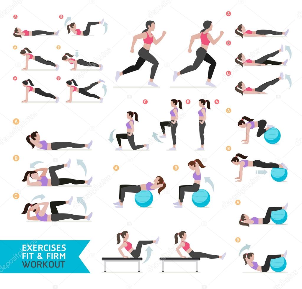 Frau Workout Fitness, aerobic und Übungen. VektorIllustratio