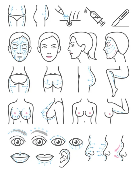 Ícones de cirurgia plástica cosmética. Ilustração vetorial . — Vetor de Stock