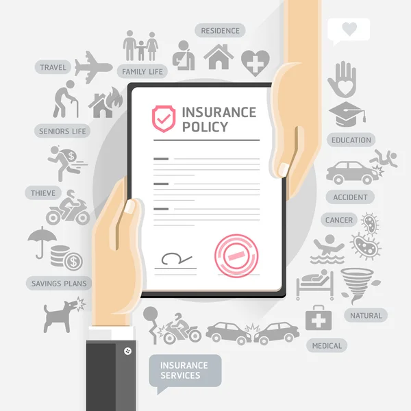 保险政策服务。手给保险单据纸. — 图库矢量图片