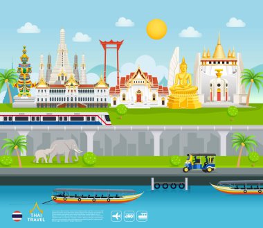Tayland 'ın ünlü simgeleri seyahat afişleri güzel yerler düz stil arkaplan.