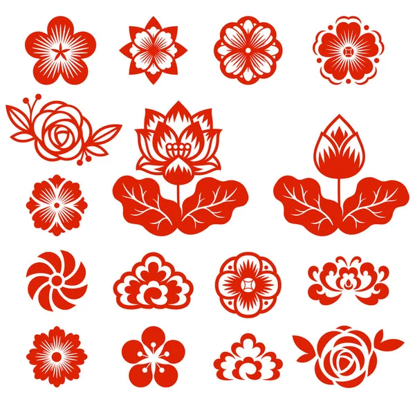 Fleurs Chinoises Papier Découpé Illustrations Vectorielles Couleur Rouge — Image vectorielle