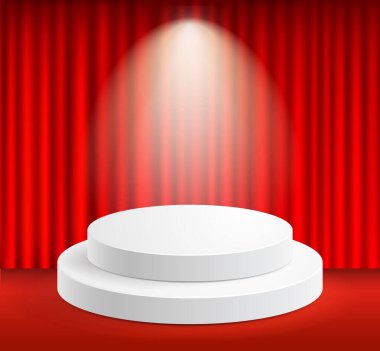 Sahne ışıklarıyla podyum ve sahne perdelerini göster. Vektör illüstrasyonları.