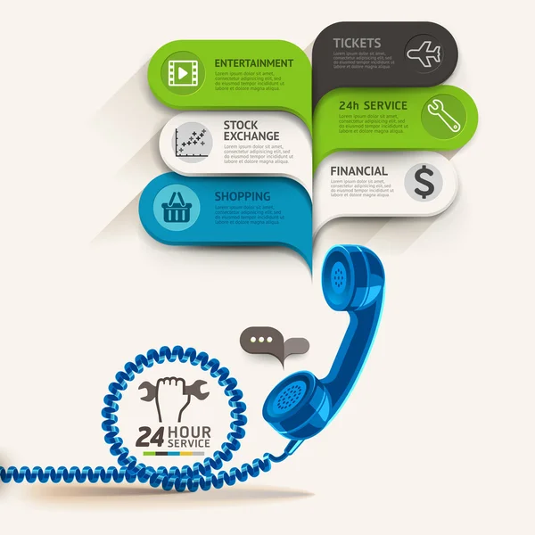 Business service ikoner och telefon med bubbla tal mall. kan användas för arbetsflöde layout, diagram, antal alternativ, intensifiera alternativ, webbdesign, banner mall, infographics. — Stock vektor