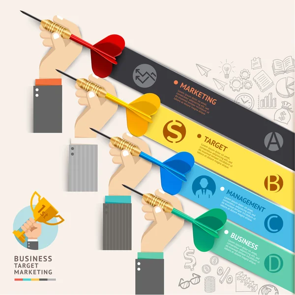 Concepto de marketing objetivo empresarial. Empresario mano con dardos y garabatos iconos. Ilustración vectorial. Se puede utilizar para el diseño del flujo de trabajo, banner, diagrama, diseño web, plantilla de infografía, línea de tiempo . — Vector de stock