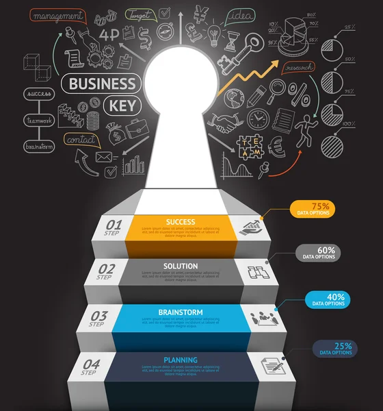 Концептуальная инфографика бизнес-шагов. Деловая лестница с ключом и иконками каракулей. Может использоваться для верстки рабочих процессов, баннера, тарана, веб-дизайна, инфографики . — стоковый вектор