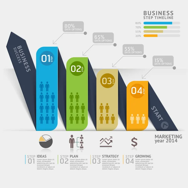 Plantilla de línea de tiempo de flecha de marketing empresarial. Ilustración vectorial. se puede utilizar para el diseño del flujo de trabajo, banner, diagrama, opciones de número, diseño web, plantilla de infografía . — Vector de stock