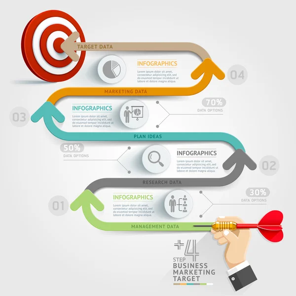 Modèle d'infographie de concept d'entreprise. Étape commerciale cible idée de fléchettes marketing. Peut être utilisé pour la mise en page du flux de travail, bannière, diagramme, conception Web, modèle de timeline . — Image vectorielle