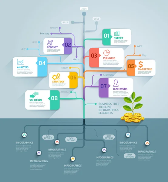 Infographie de la chronologie des arbres d'affaires. Illustration vectorielle. Peut être utilisé pour la mise en page du flux de travail, bannière, diagramme, modèle de conception Web . — Image vectorielle