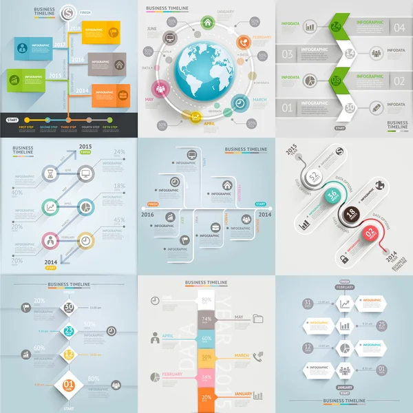 Modelo de elementos da linha do tempo de negócios. Ilustração vetorial. pode ser usado para layout de fluxo de trabalho, banner, diagrama, opções de número, web design, modelo de infográfico — Vetor de Stock