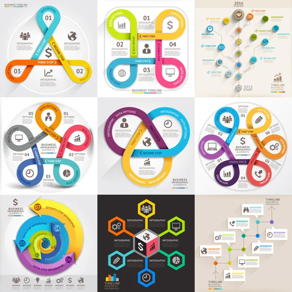 Conjunto de modelos de infográficos de negócios. Ilustração vetorial. Pode ser usado para layout de fluxo de trabalho, banner, diagrama, opções de número, web design, elementos da linha do tempo — Vetor de Stock