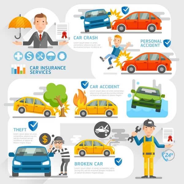 Personaje del negocio de seguros de coche y plantilla de iconos . — Vector de stock