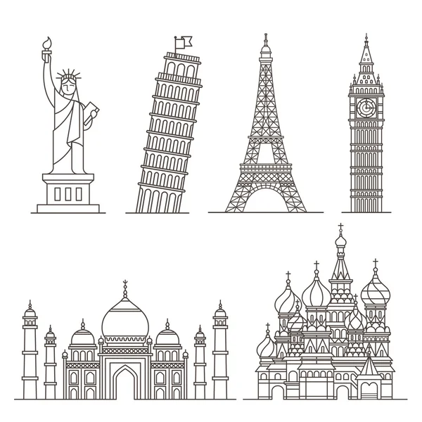 Icônes emblématiques. Statue de la Liberté, Tour de Pise, Tour Eiffel, Big ben, Taj mahal, Cathédrale Saint-Basile . — Image vectorielle