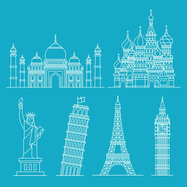 Icônes emblématiques. Statue de la Liberté, Tour de Pise, Tour Eiffel, Big ben, Taj mahal, Cathédrale Saint-Basile . — Image vectorielle