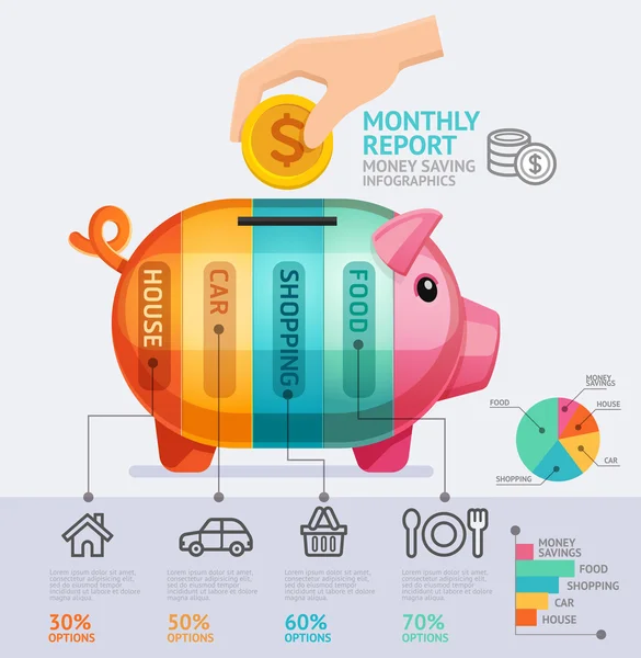 Miesięczny raport infografiki szablon oszczędzania pieniędzy. — Wektor stockowy