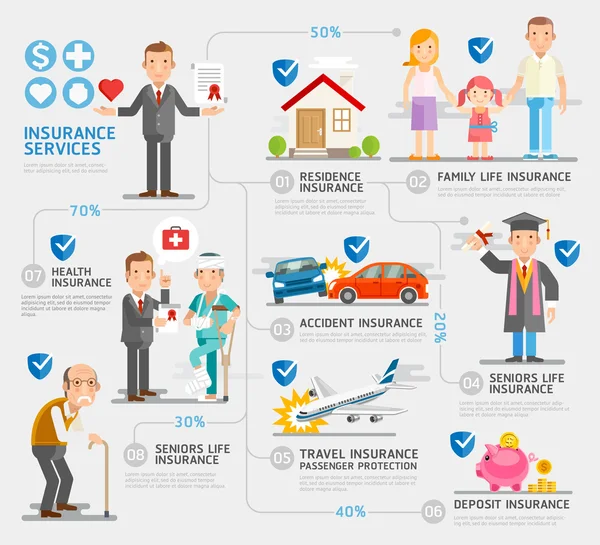 Personaje del seguro de negocios y plantilla de iconos . Ilustración de stock