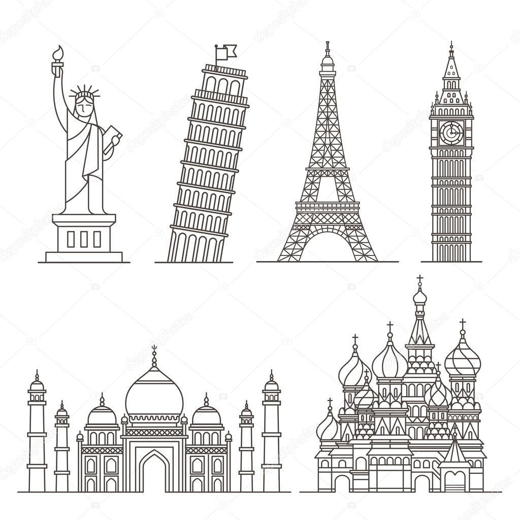 Landmark icons. Statue of Liberty, Tower of Pisa, Eiffel tower, Big ben, Taj mahal, Saint basil's cathedral.