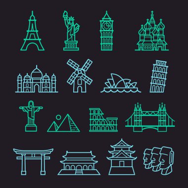 Landmark Icons. Statue of Liberty, Tower of Pisa, Eiffel Tower, Big Ben, Taj Mahal, Saint Basil's Cathedral, Christ The Redeemer, Windmill, Sydney Opera House, Piramid, Colosseum, London Bridge, Fushimi Inari Shrine, Forbidden City, Osaka Castle, Moa