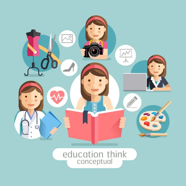 Education thinking conceptual. Girl holding books. Vector illustrations. — Διανυσματικό Αρχείο