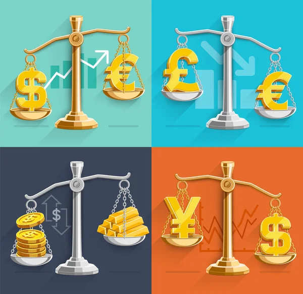 Money sign icons and gold bars on the scales. Vector illustrations. — 스톡 벡터