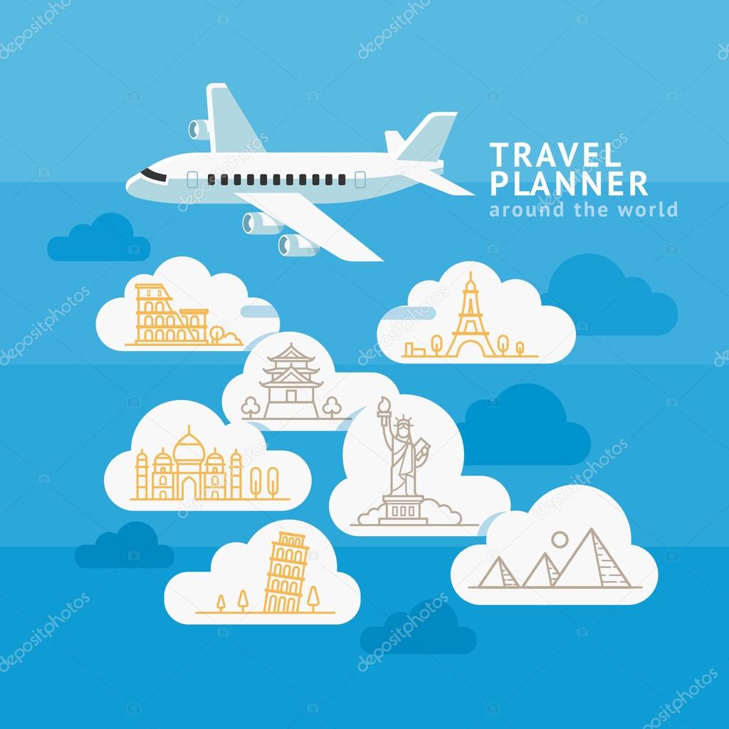 Travel Planner Around The World. Airplane with cloud and landmark icons. Vector illustration.