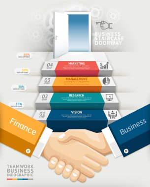 Business teamwork staircase doorway conceptual infographics.