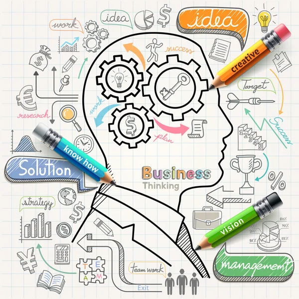 Бизнесмен думает концепция каракули значки набор. Векторная иллюстрация . — стоковый вектор