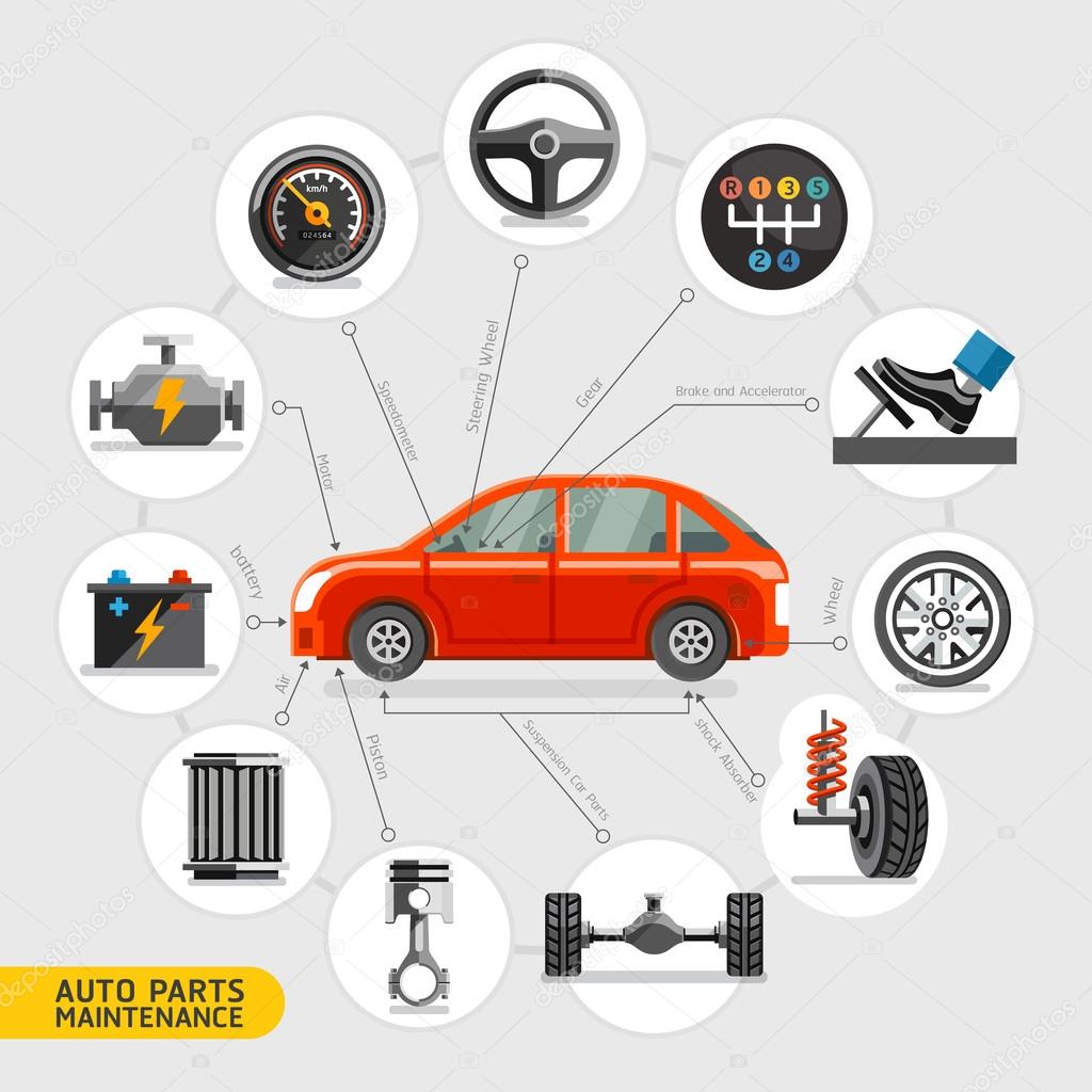 Auto parts maintenance icons. Vector illustration.