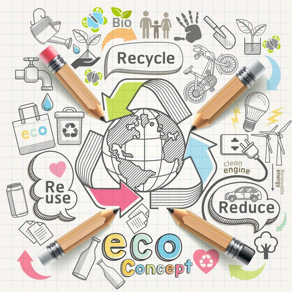 Eco concept denken doodles iconen set. Vectorillustratie. — Stockvector
