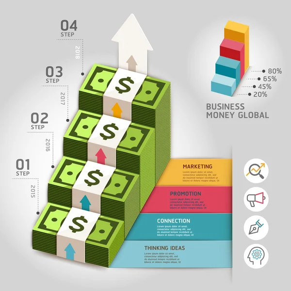 Soldi d'affari modello di scala freccia globale . — Vettoriale Stock