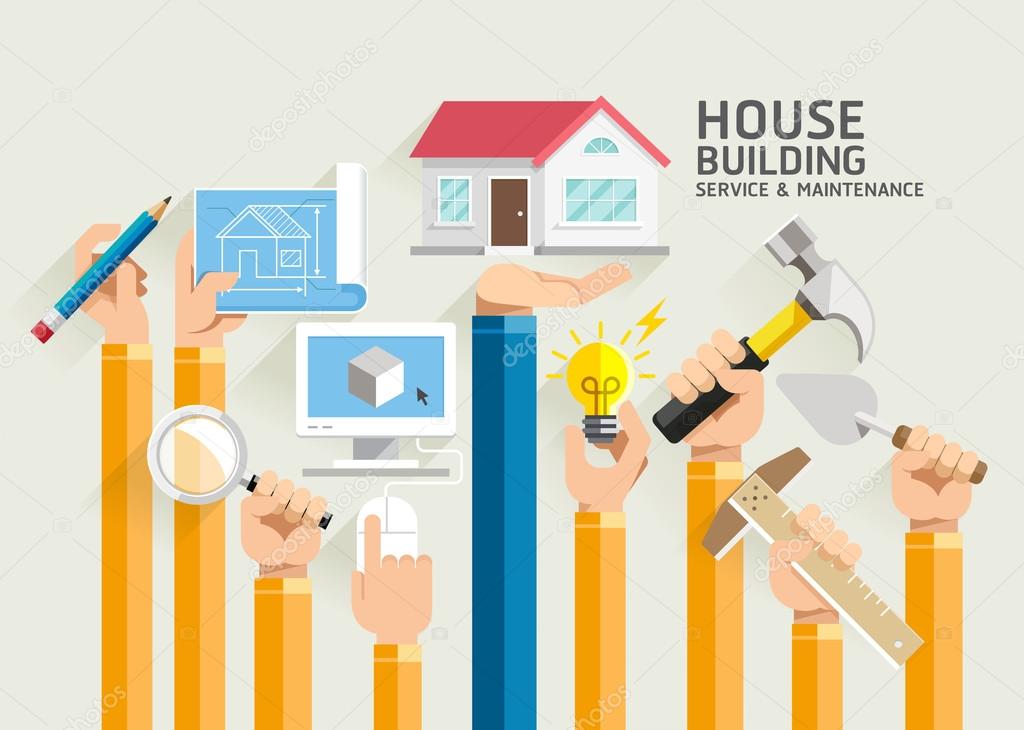 House Building Service and Maintenance. Vector Illustrations.