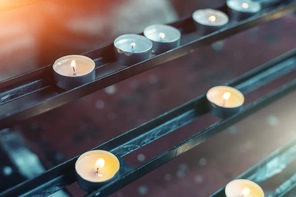 Many Small Burning Votive Prayer Candles Burning Rack Altar Church — Stock Photo, Image