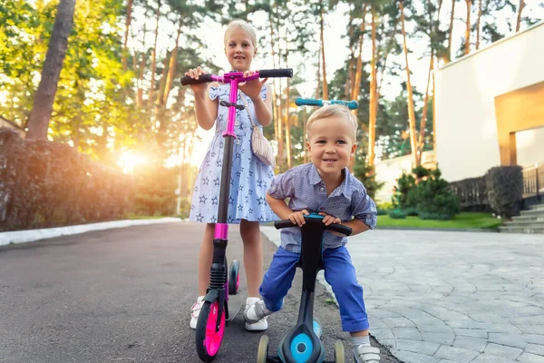 Двое милых маленьких белых братьев и сестер, мальчик в рубашке и девочка в платье, веселятся, катаясь на трехколесном сбалансированном мотоцикле в лесу городского парка. Велосипед для детей. Детские спортивные мероприятия — стоковое фото