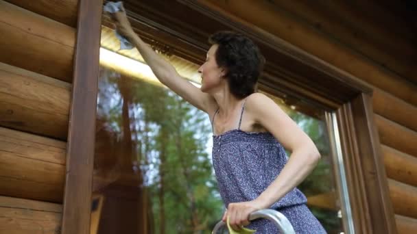 Jonge volwassen mooie slanke sportieve blanke vrouw in overalls staan op metalen ladder en wassen venster houten huis buitenkant. vrouw persoon huisvrouw schoonmaken huis muur op warme lente of zomer dag — Stockvideo