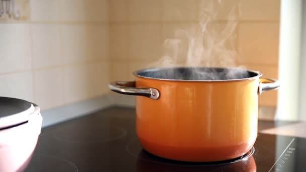 Closeup orange enamel steel cooking pan on modern inductive hob with boiling water or soup and scenic vapor steam backlit by warm sunlight at kitchen. Kitchenware utensil and tools at home background — Stock Video
