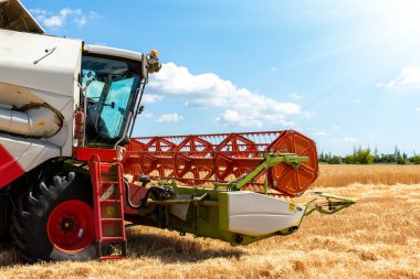 Manzaralı ön manzara Büyük güçlü endüstriyel hasat makinesini birleştirerek parlak yaz ya da sonbahar gününde altın olgun buğday gevreği tarlası hasat ediyor. Tarım sarı alan makineleri arka planı