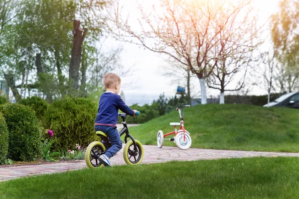 Visszapillantás kis aranyos aranyos aranyos kaukázusi kisgyerek szórakozás lovaglás testmozgás egyensúly fuss kerékpár push robogó parkban vagy udvari kertben erdő. Első bicikli. Gyerekek szabadtéri sport nyári tevékenységek — Stock Fotó