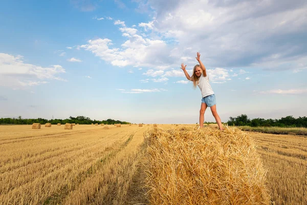 Porträtt av söt liten blond vacker bedårande glad kaukasiska unge flicka njuta av att sitta på höstack eller balar på skördade vetefält varm sommarkväll. Natursköna landsbygd landskap bakgrund — Stockfoto