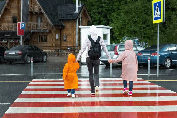 Back view of young adult mother hold daughter and son hand crossing zebra crosswalk road hiking at mountain village during shower rain at atumn day. Άνθρωποι που περπατούν σε σταυροδρόμι. Ασφάλεια της κυκλοφορίας παιδιών — Φωτογραφία Αρχείου