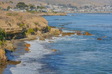 Cayucos, San Luis Obispo County, Kaliforniya 'daki Pasifik Okyanusu' ndaki Estero Bluffs Eyalet Parkı 'ndaki Rocky Coast.